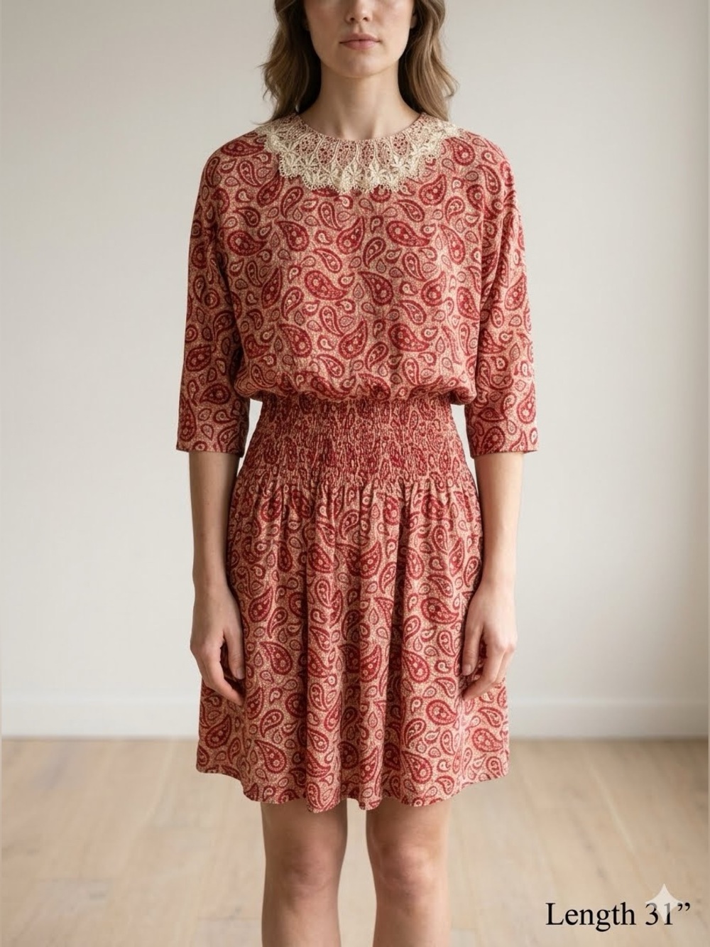 VTG 80s Carriage Court Red Paisley Prairie Dress Smocked Waist Lace Collar 10
